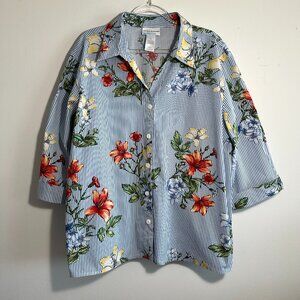 Alfred Dunner  Blue and White Striped with florals Size XL Button Down Top